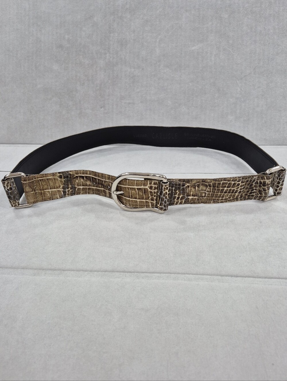 Carlisle belt women's large tan leather croc print chunky silver buckle